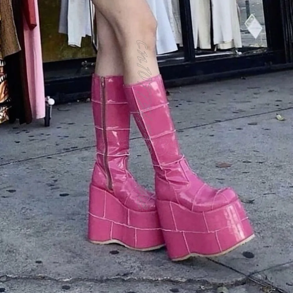 

High Thick Heel Boots Pink Patent Leather Knee-High Shoes round Toe Large Size Women's Footwear Shoes 2025 Zapatos Para Mujere