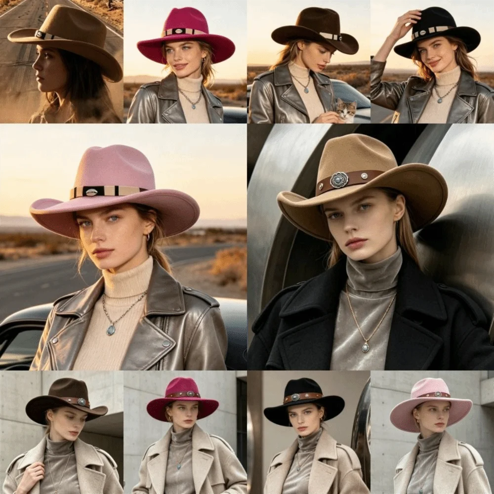 Classic Solid Color Western Cowboy Hat Ethnic Style Sunscreen Jazz Hat Wide Brim Punk Top Hat Disco Party