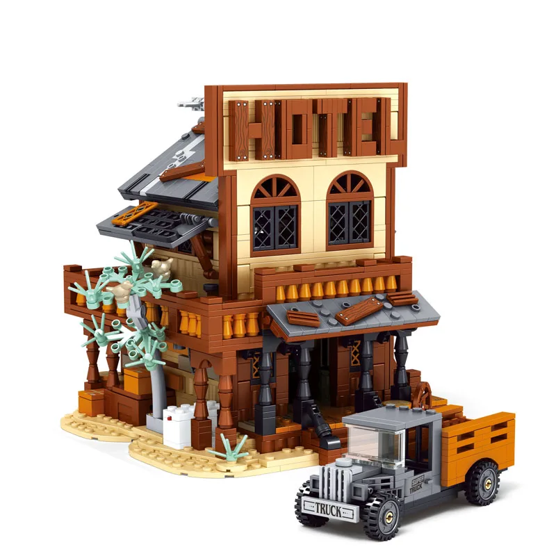 

IN STOCK MOC Lights-up Western Cowboy Hotel Building Blocks Bricks Construction Assembling Model Toys for Children Gift Set