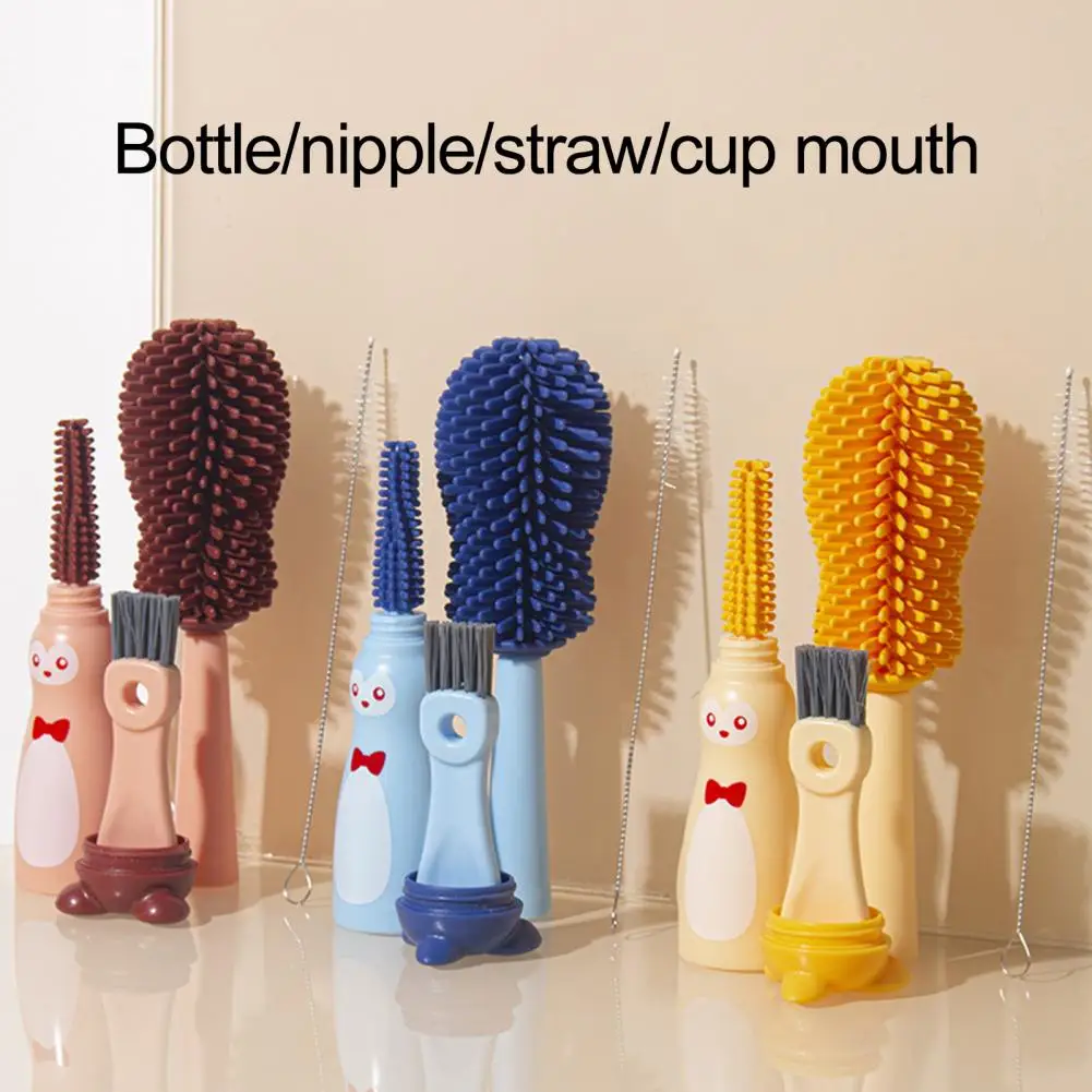 26cm Silicone Bottle Cleaning Brush 4-in-1 Cartoon Shape Flexible Bristles Design Dishwasher Safe Baby Bottle Cleaner Brush Set