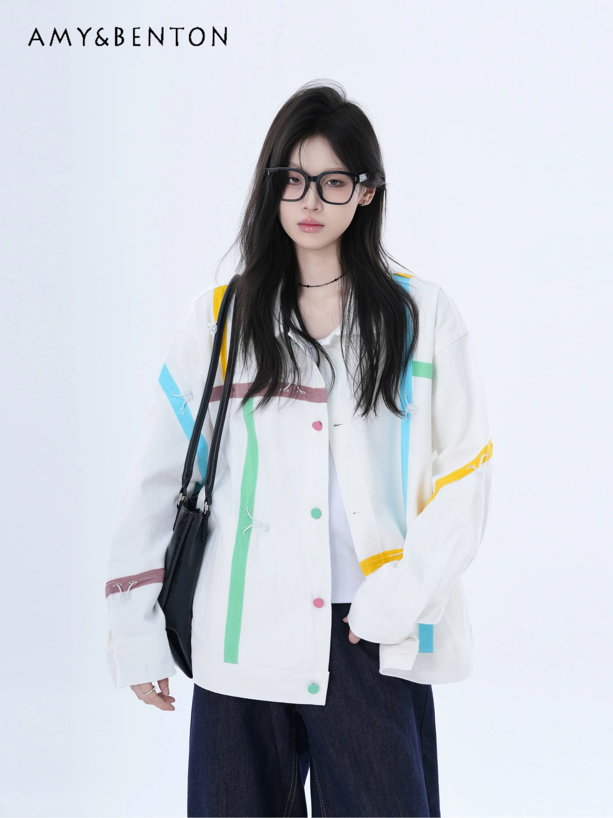 

Spring and Autumn New American Retro Style White Workwear Jacket for Women with Colorful Stripes Loose Casual Coat