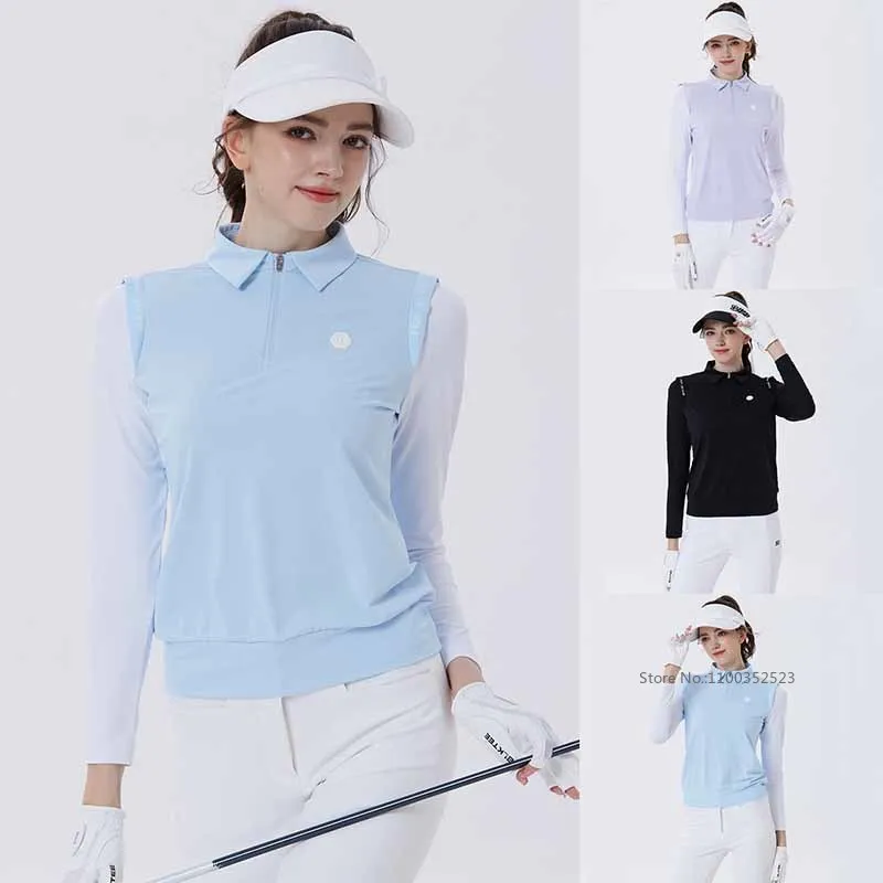 Blktee Spring Fall Golf Polo Shirts Women Fake Two Pieces Long-sleeved Shirt Quick-drying Breathable Korean T-Shirt Golf Wear