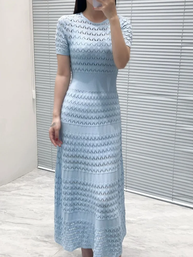 Ele High-End Gebreid Kant Ort-Slee Taille-Gesloten Dr Eenvoudig Woon-werkverkeer Romantisch Bloemenhaak Ontwerp Zomer Lang Dr