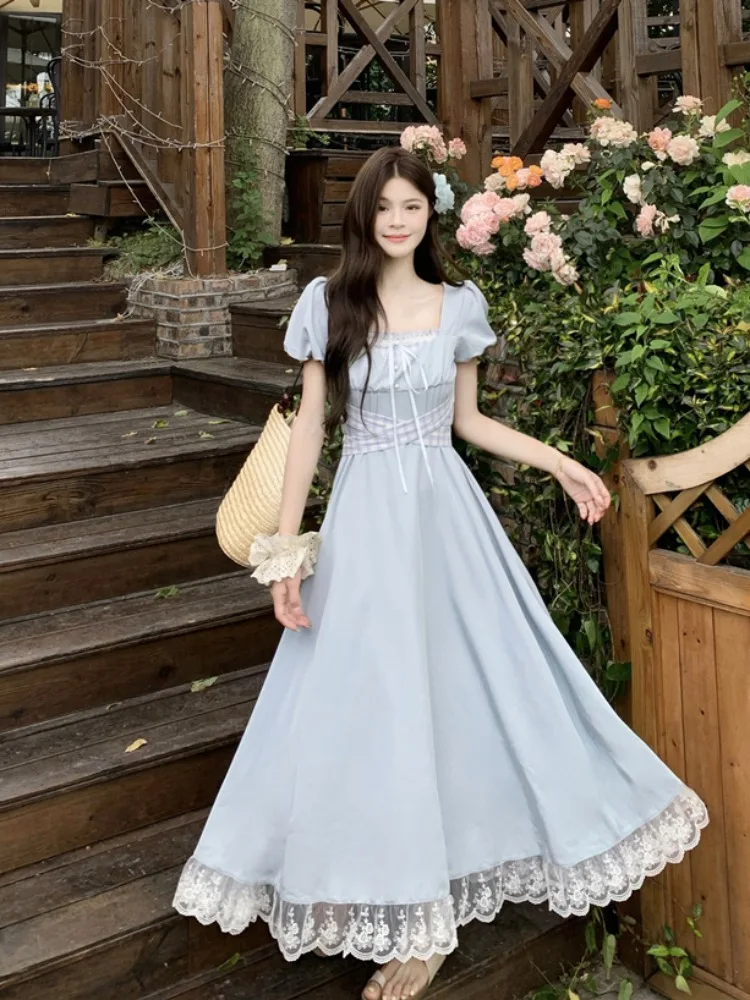 

Sweet Sle Large Size Women's Dr Lace Splicing Square Collar ort Sve A-Line Skirt Waist Cinching Summer New Arrival