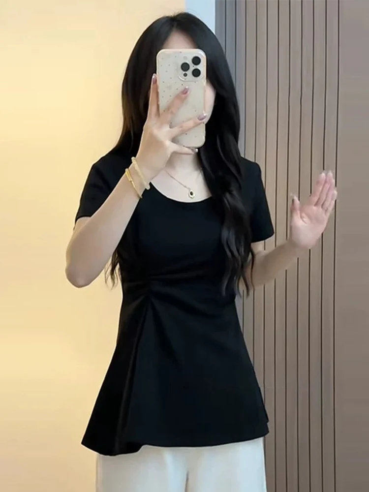 plus Size Spicy Girl Waist Cinched Short Sleeve T-Shirt Women Summer 300 Pounds Plump MM Slimming Asymmetrical Design Top