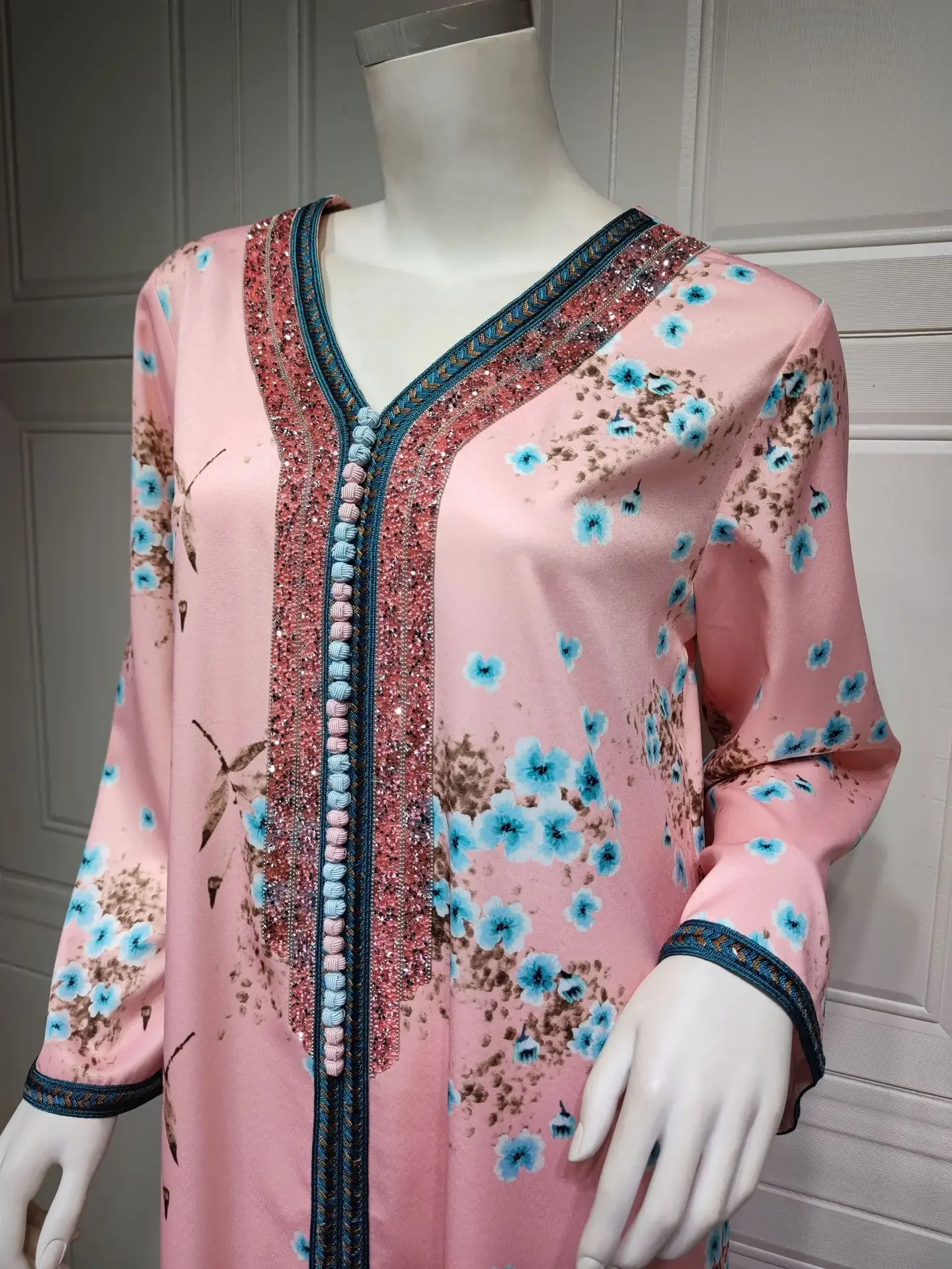 2022 spring Floral Print Muslim Abaya Dress Women diamond Dubai Arab Turkey Morocco Kaftan Islamic Clothing Gown Robe Vestido