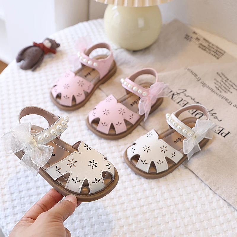 Spring Girl's Casual Shoes Hollow Out Bowknot Pearl Cute Kid's Flat Shoe Solid Colors Anti-slip Daily Fashion Children Shoes