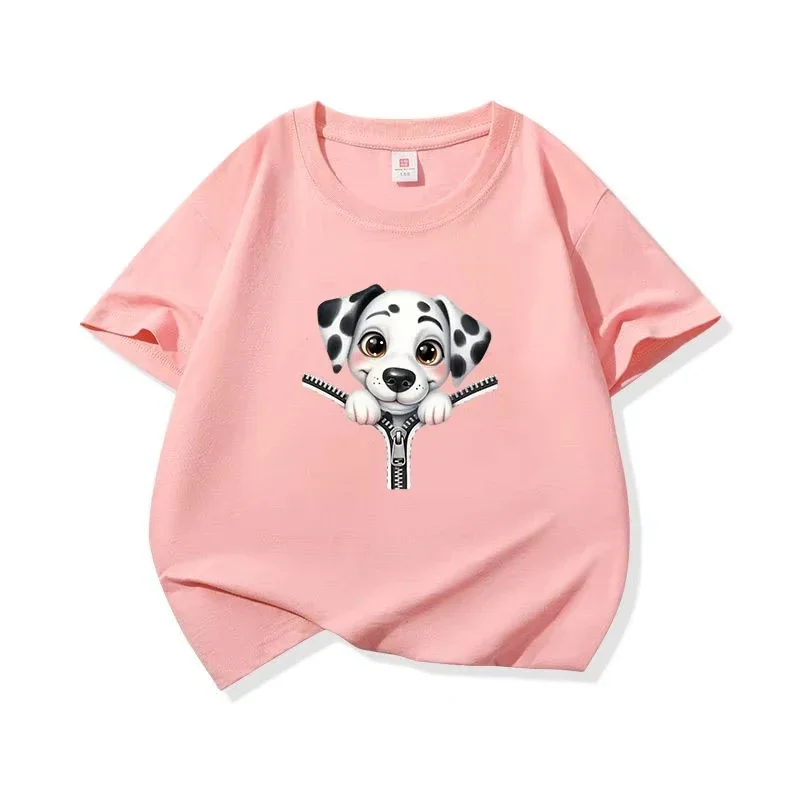 Kids Short Sleeve T Shirt Cute Dalmatian Puppy Zipper Peeking Graphic Print Crew Neck Summer Casual Boys Girls Top