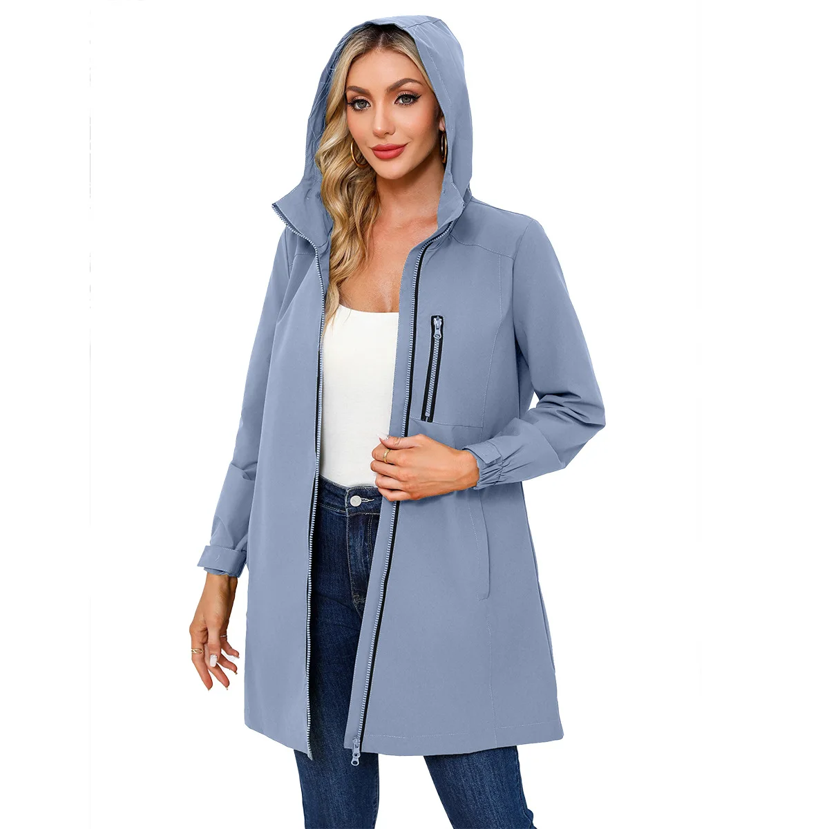 

Water-Resistant Women's Long Sve Hooded Coat Casual Loose Spring Autumn Outerwear Windproof Cross-Border Fem Garment
