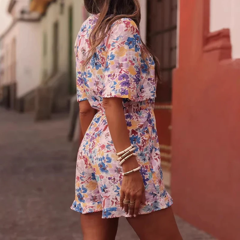 Moda flor impressão verão macacão 2026 sexy com decote em v manga curta férias playsuit feminino elegante oco rendas festa macacão