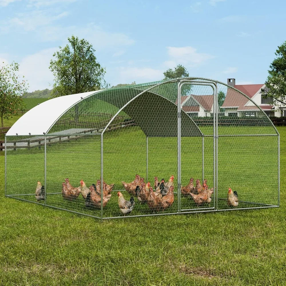 

Large Metal Chicken Coop with Runway, Walk-in Poultry Cage, Waterproof Cover, Duck and Rabbit, Silver, 13.1x9.8x6.4 Feet