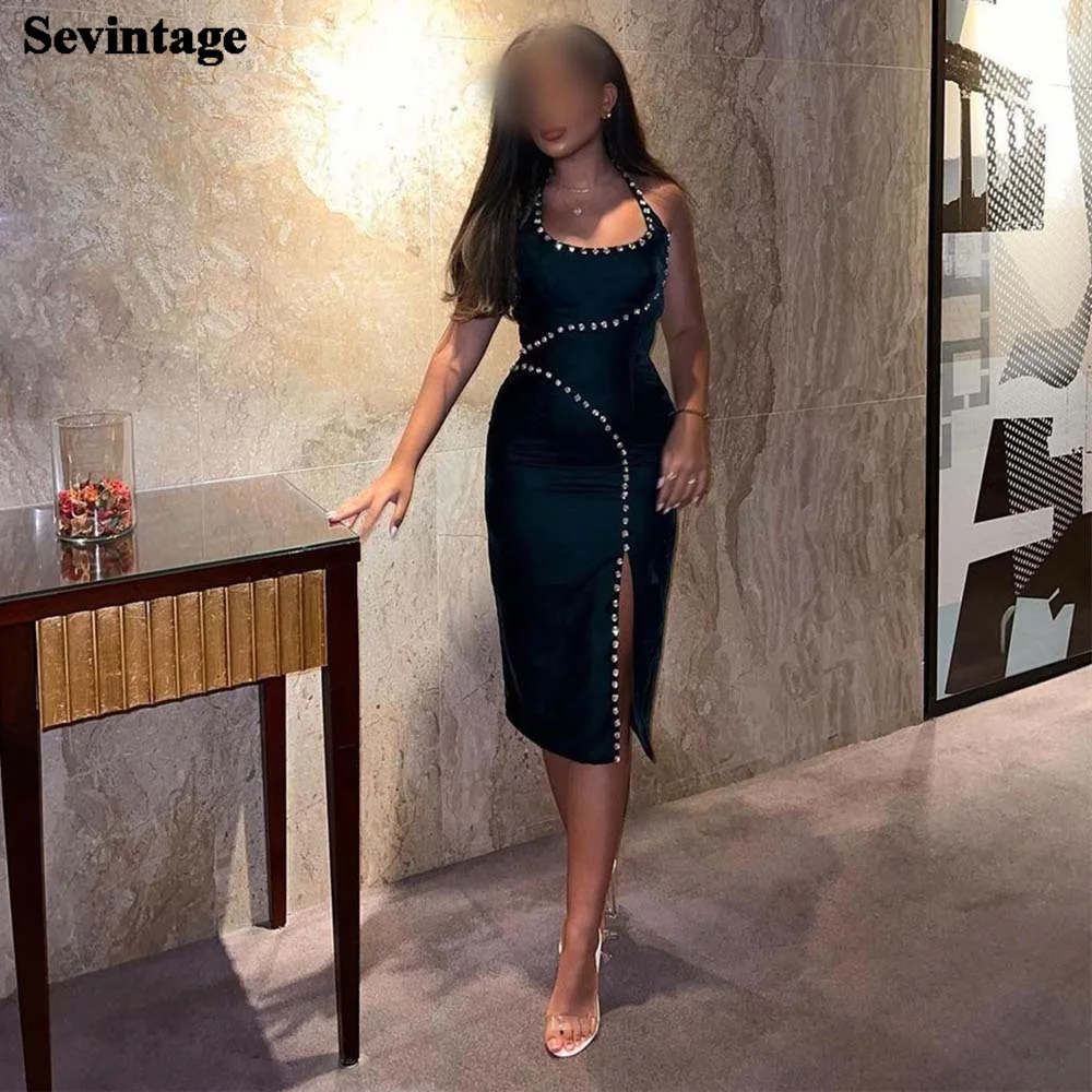 

Sevintage Black Sheath Crystals Short Prom Dresses Satin Scoop Women Party Gowns Slit Tea-Length Night Club Pageant Dress