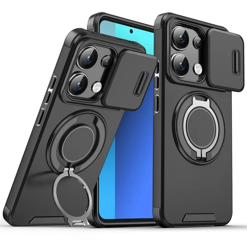 For Redmi Note 13 4G 14Pro Plus 5G Xiaomi 14T Pro Case Rugged Armor Plastic TPU Frame Magnetic Ring Holder Slide Camera Cover