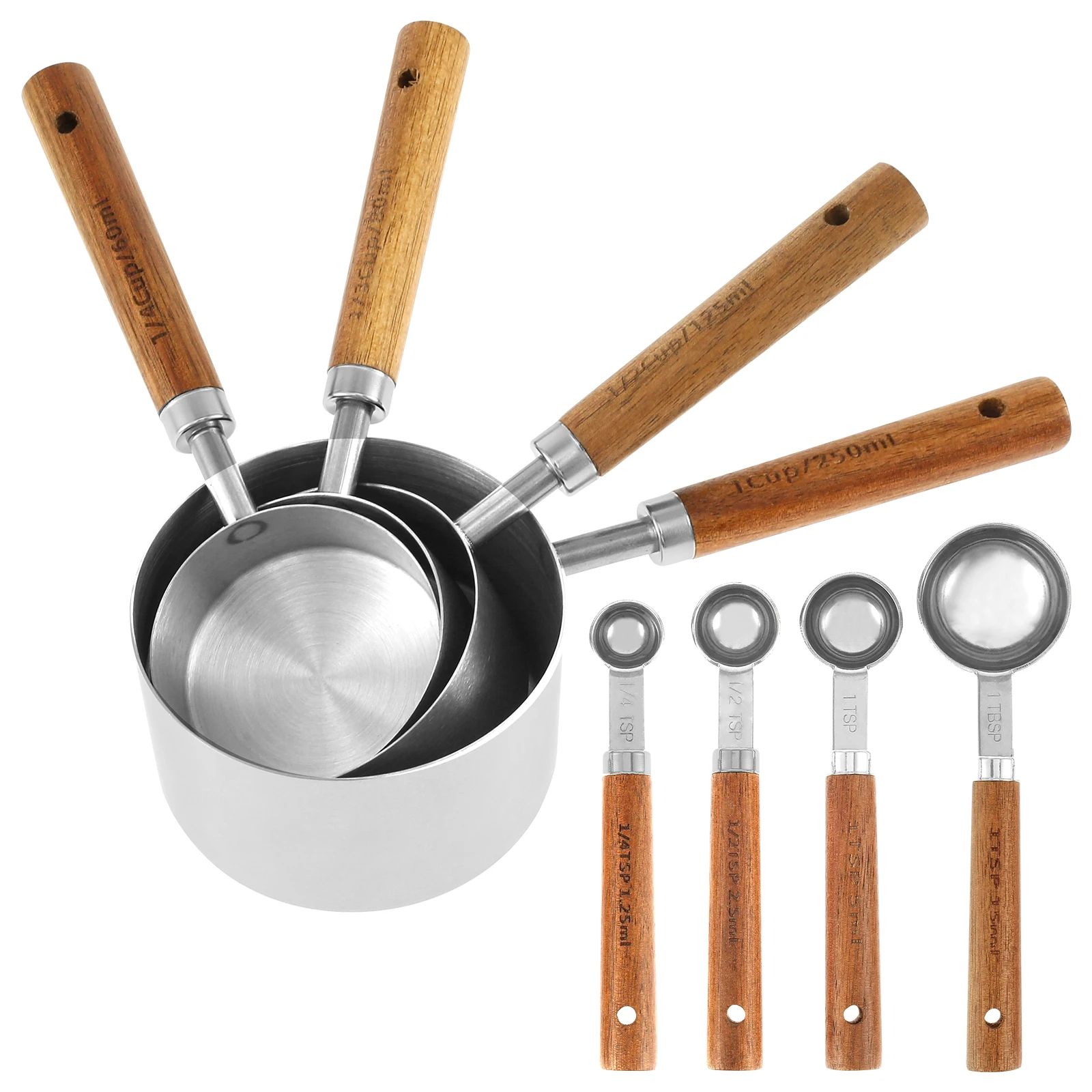 8Pcs Stainless Steel Measuring Cups and Spoons Set Stackable Kitchen Measuring Gadgets with Wooden Handle for Cooking & Baking