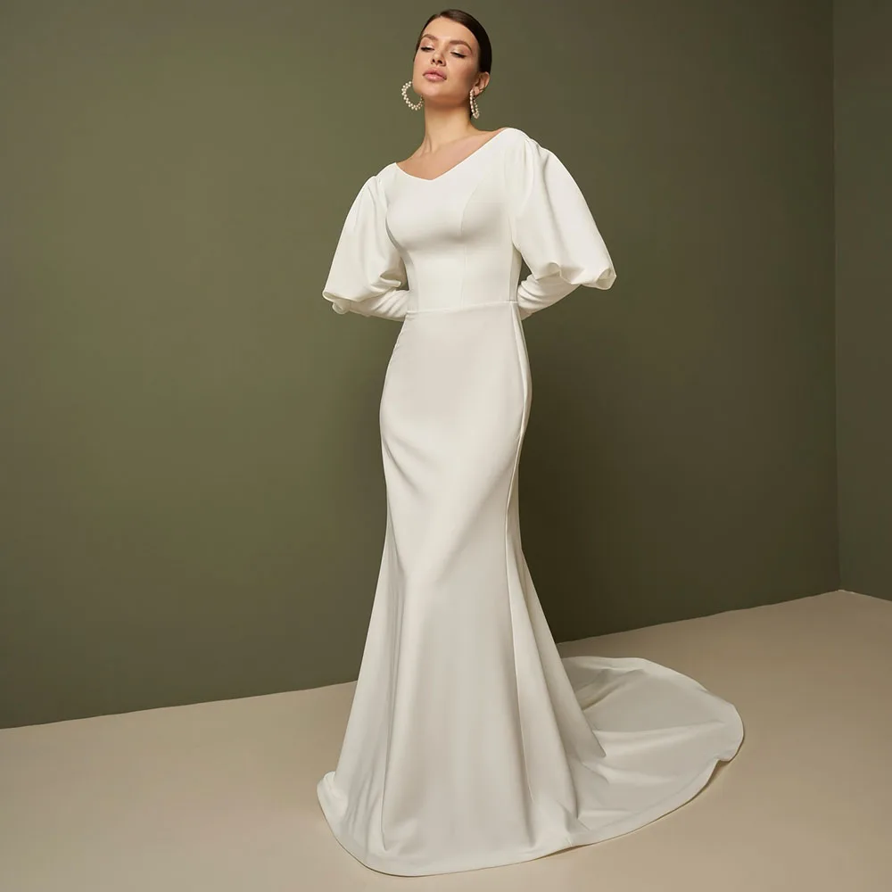 Modern Women Mermaid Wedding Dress with Court Train V-Neck Long Puff Sleeve Bridal Gown Zipper Back Customized Vestidos De Novia