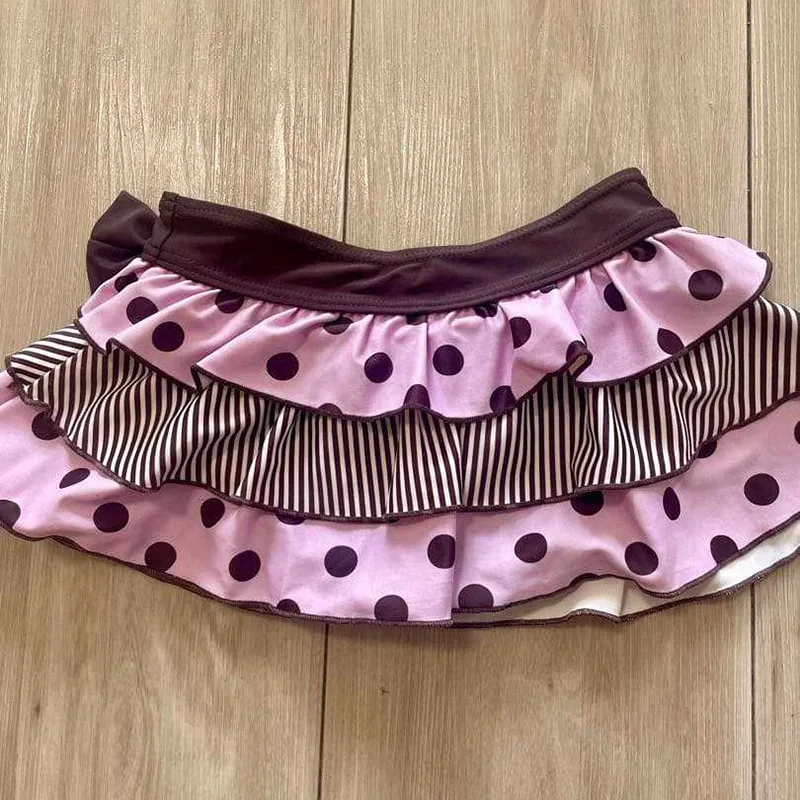 Y2K Sweet Ruffled Layered Cake Skirt Polka Dot Stripe Patchwork Bow Decor Elastic Waist A Line Mini Skirt