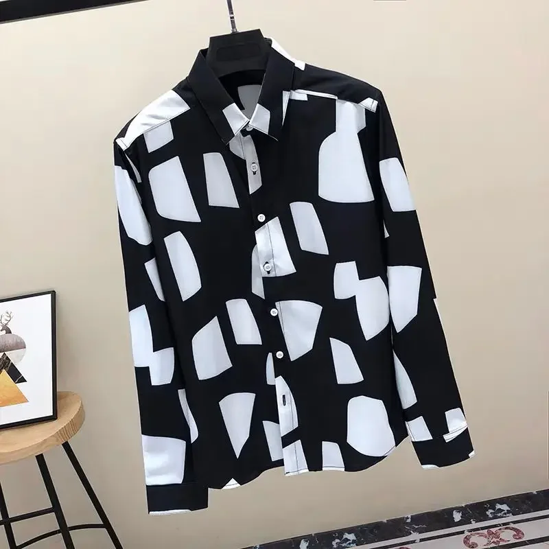 2024 New Spring and Autumn Fashion Casual Business UK Non Iron Wrinkle Resistant Handsome Polo Collar Print Oversize Loose Shirt