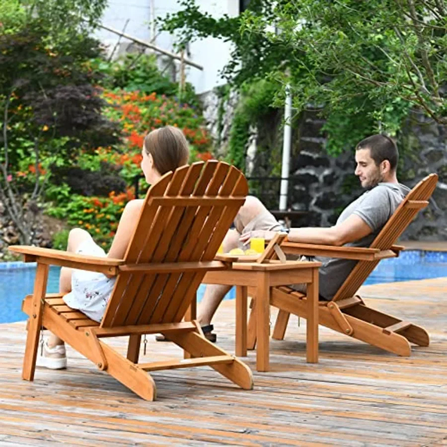 Adirondack Chair Set 3-Piece Foldable Wooden Chairs with Widened Armrest, Eucalyptus Frame and Matching Side Table for Outdoor