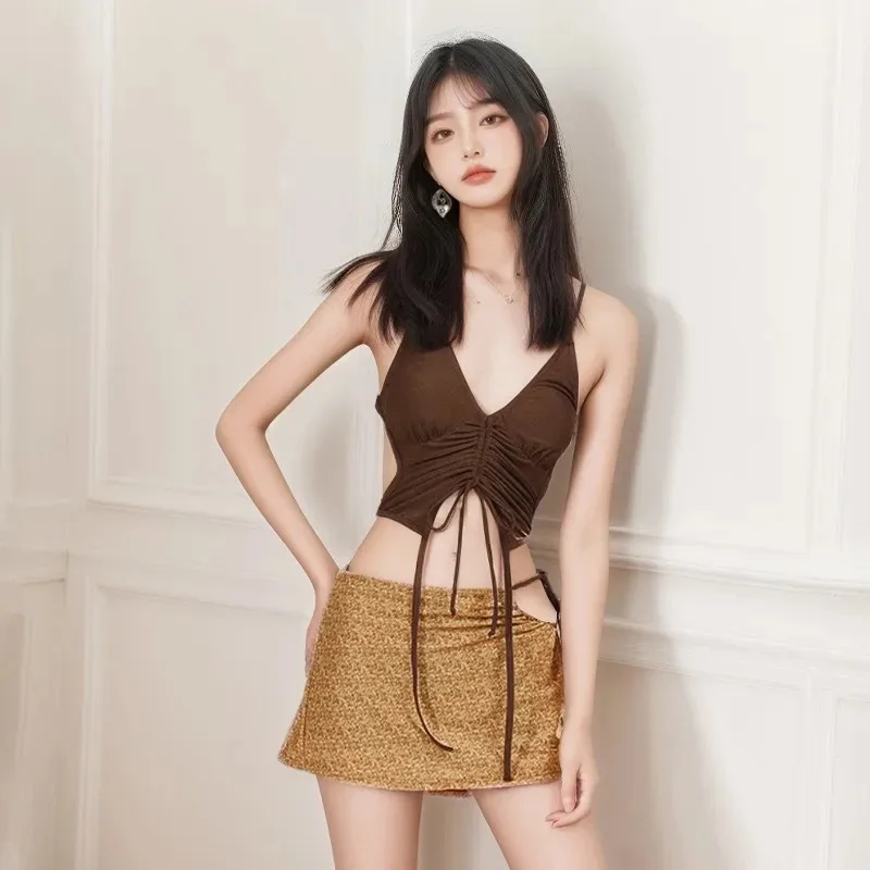 Women's 2 Piece Halter Ruched Crop Top and Floral Mini Skirt Set Backless Tie Y2K Party Outfit