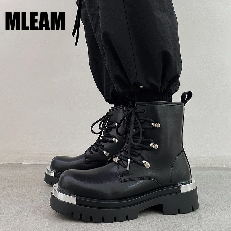 Men\'s Combat Boots Thick Bottom Platform Shoes Men Ankle Boots Lace Up Autumn Winter Shoes Motorcycle Boots Man Punk Shoes Metal