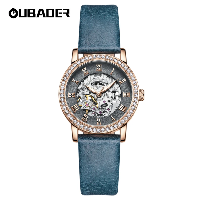 OUBAOER Iced Out Women Watch Automatic Mechanical Skeleton Luxury Leather Band Diamond Wristwatches Montre Femme Gift for Ladies