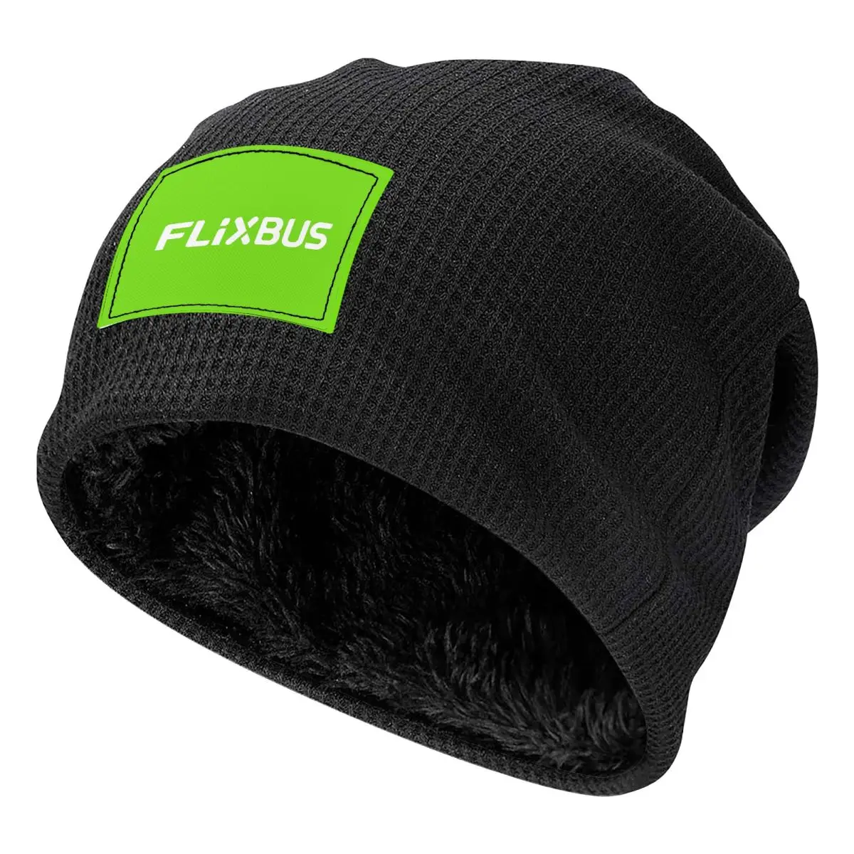 Flixbus Waffle Knit Fleece Lined Beanie with PU Leather Patch Unisex Warm Winter Soft Cap