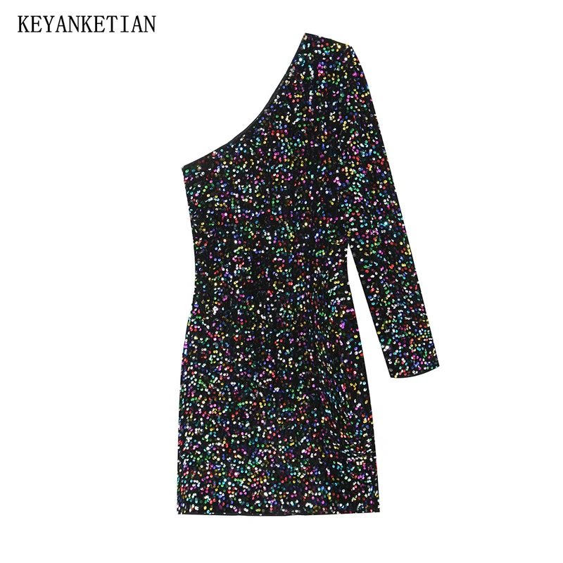 

KEYANKETIAN 2024 New Launch Women's Sequined Skew-neck Dress Elegant Sexy Shiny Party Dinner Slim Off-The-Shoulder Mini Dresses