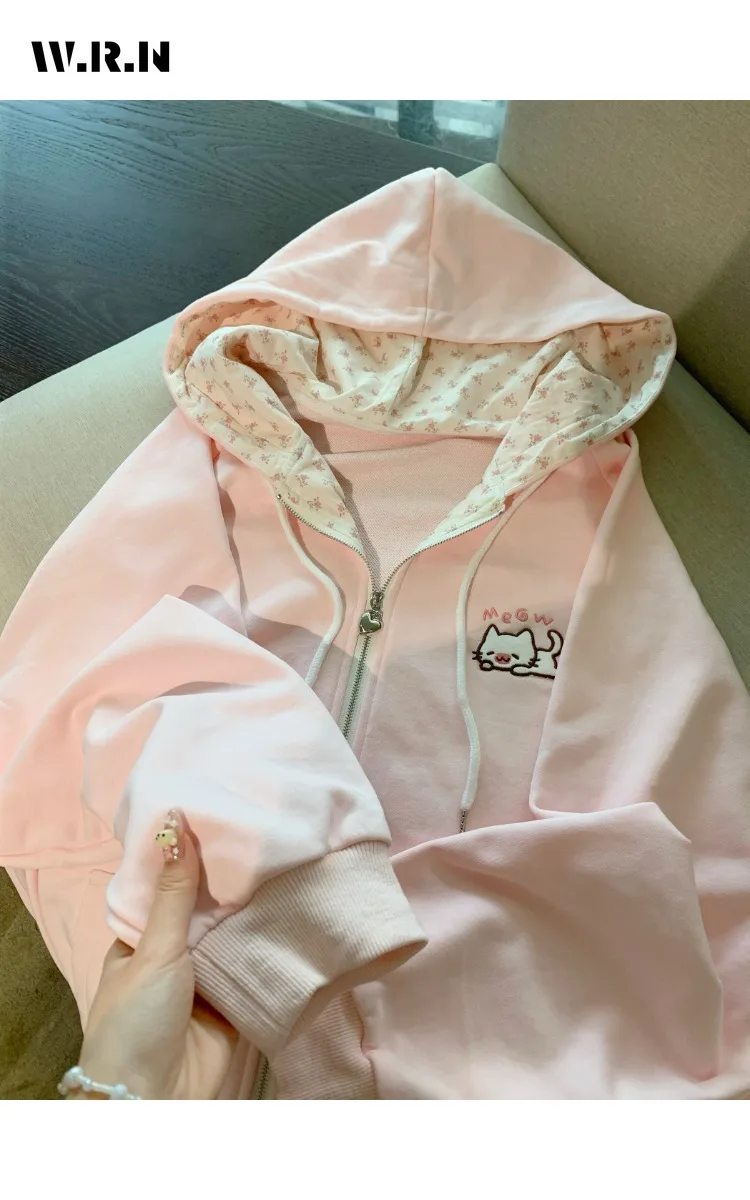 

2025 Winter Lovely Style Cartoon Print Female Top For Women Casual Long Sleeve Sweet Zipper Drawstring Hooded Sweatshirts