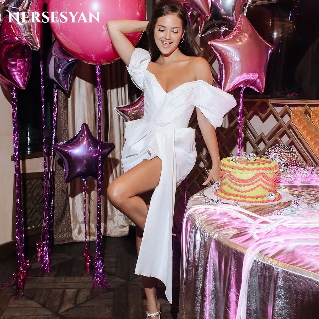 

Nersesyan Elegant Satin Short Prom Dresses Off Shoulder Pleat Mini Dress Women Birthday Party Gowns платье женское Customized