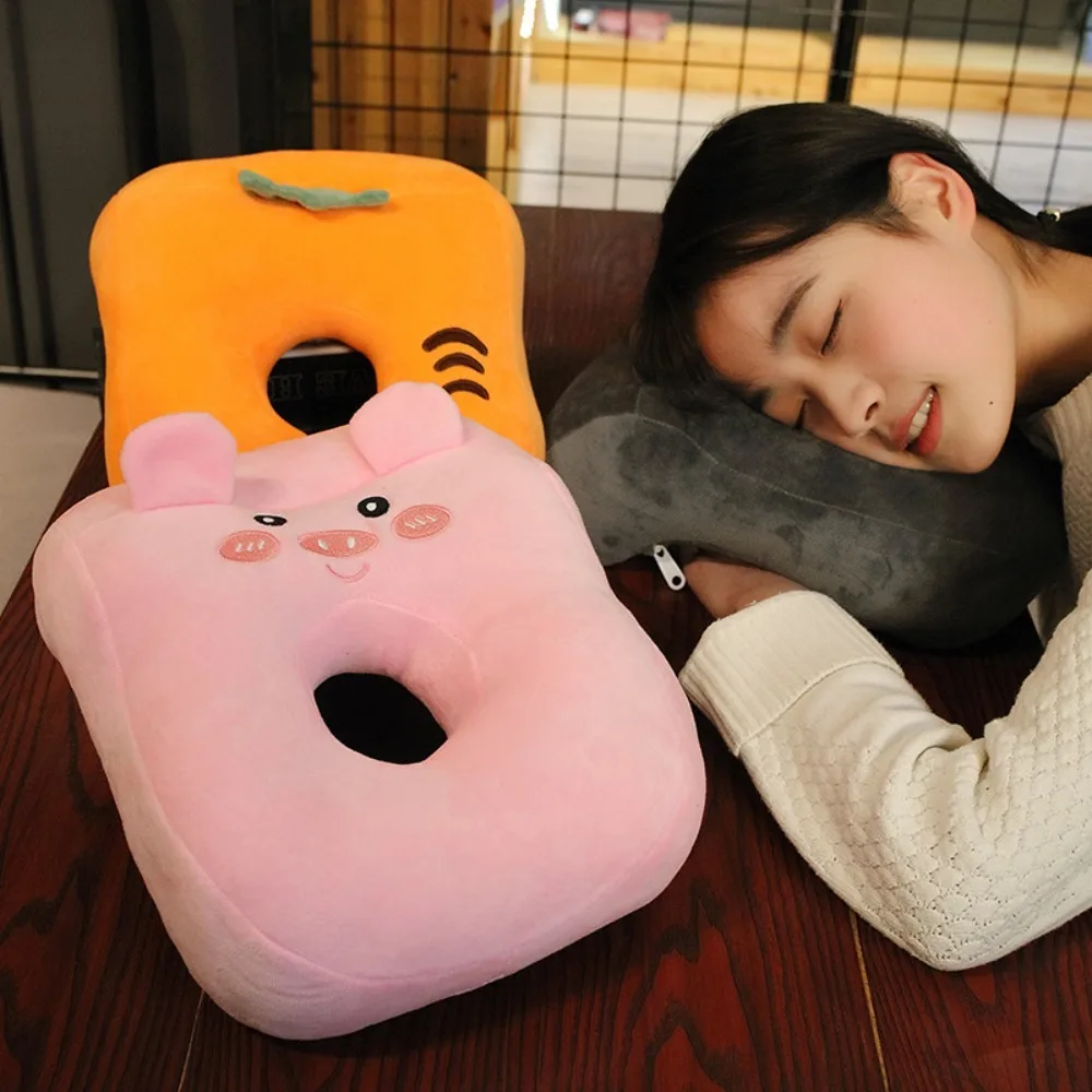 Portable Cartoon Plush Nap Pillow Hollow Hole Wear Resistant Sleeping Pillow Animal Pattern Soft Neck Support Office