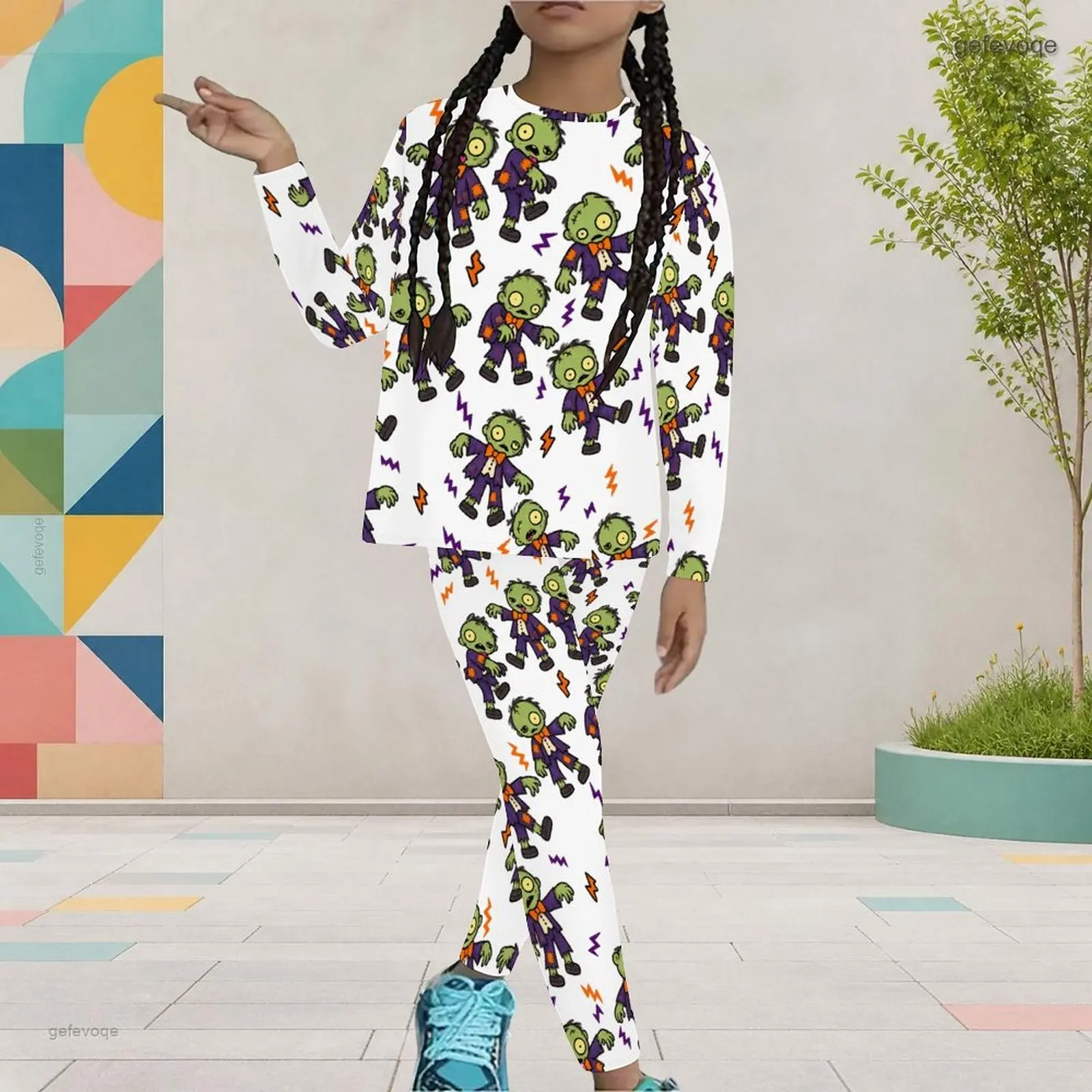 Autumn Graphic Print Girls Two Piece Set Turtleneck Zombie Lightning Children Clothing Halloween Party Wear