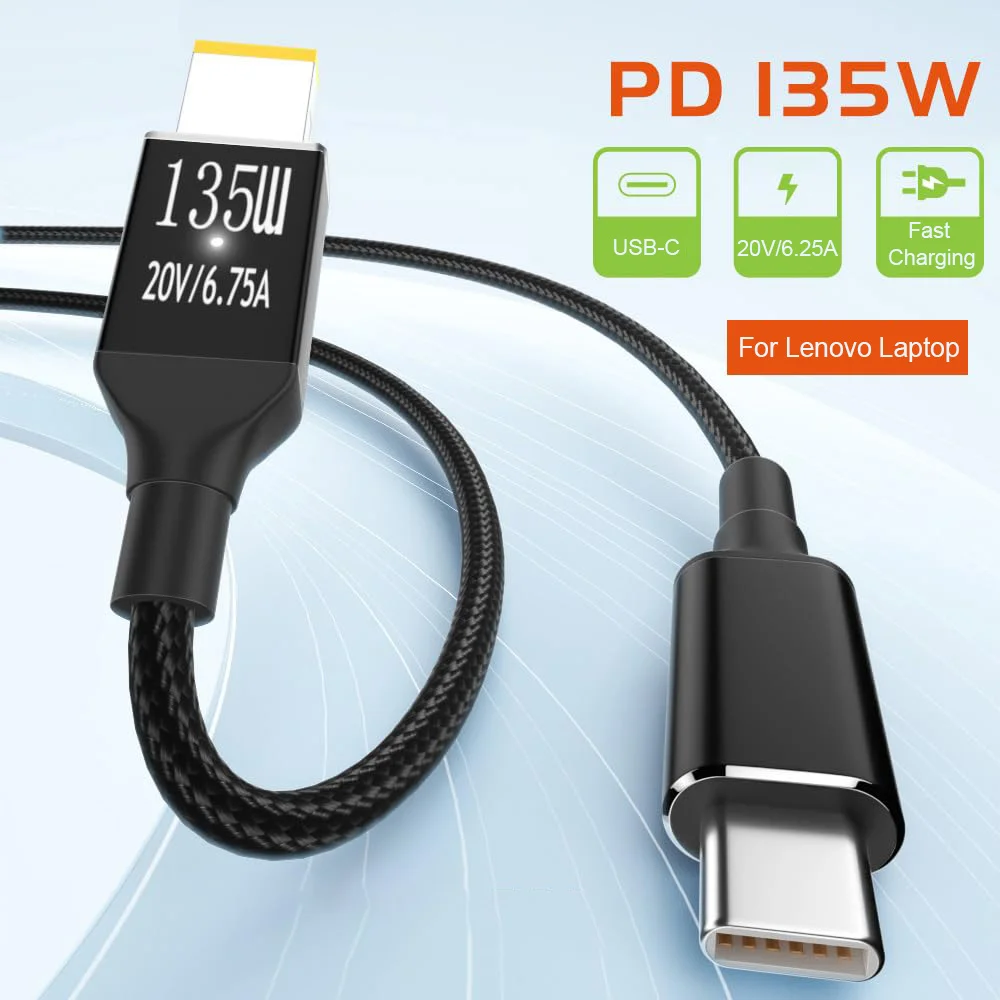 

135W USB C to Laptop Power Cable Type C to Slim Tip Square Cable For Lenovo Think Pad Yoga 11 12 Ideapad T470s ThinkPad X1