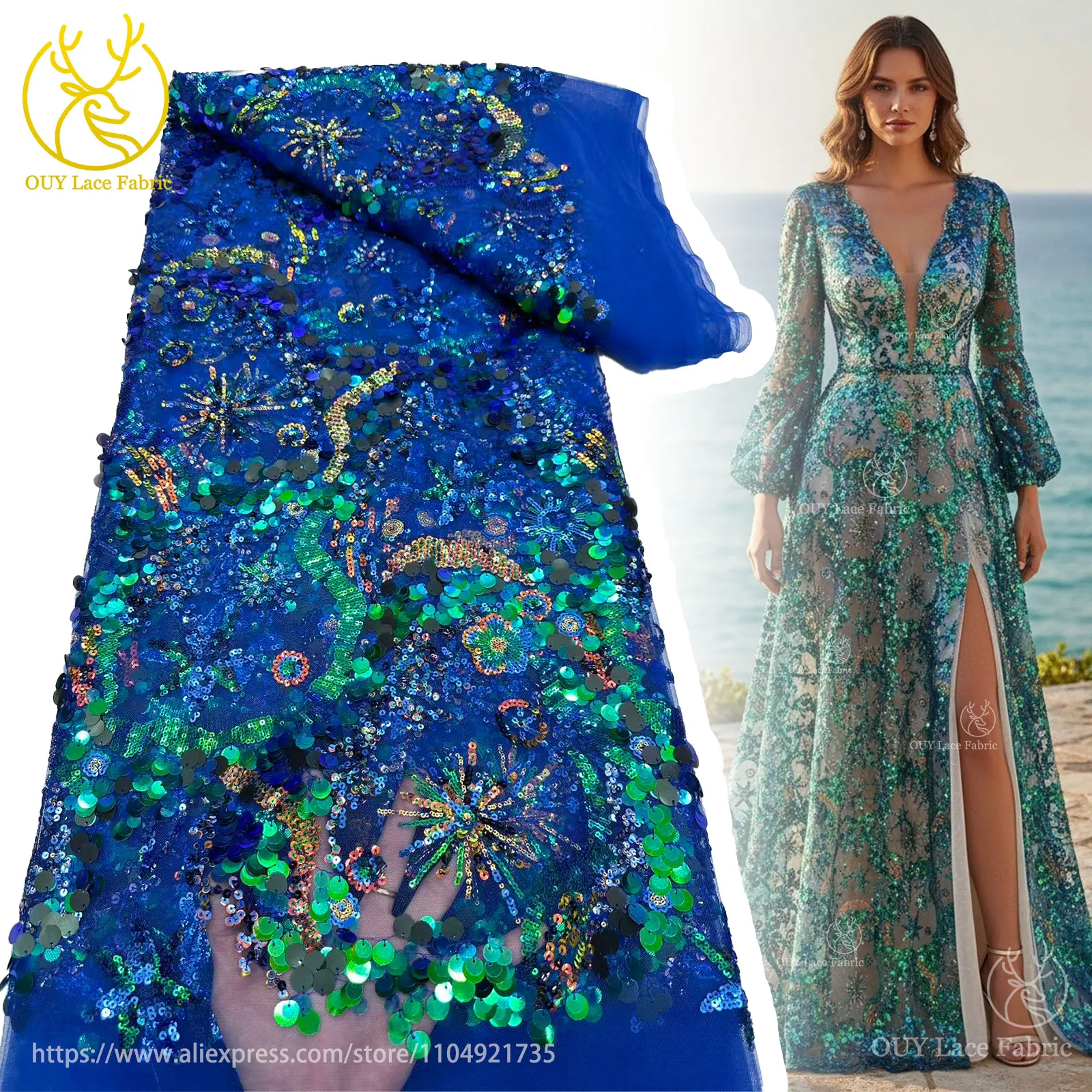 Hochwertiger afrikanischer nigerianischer bunter Pailletten-Stickerei-Spitzenstoff, zartes Kleid, Nähen, Brautparty, Dinnerparty, Hochzeit – Detail 7