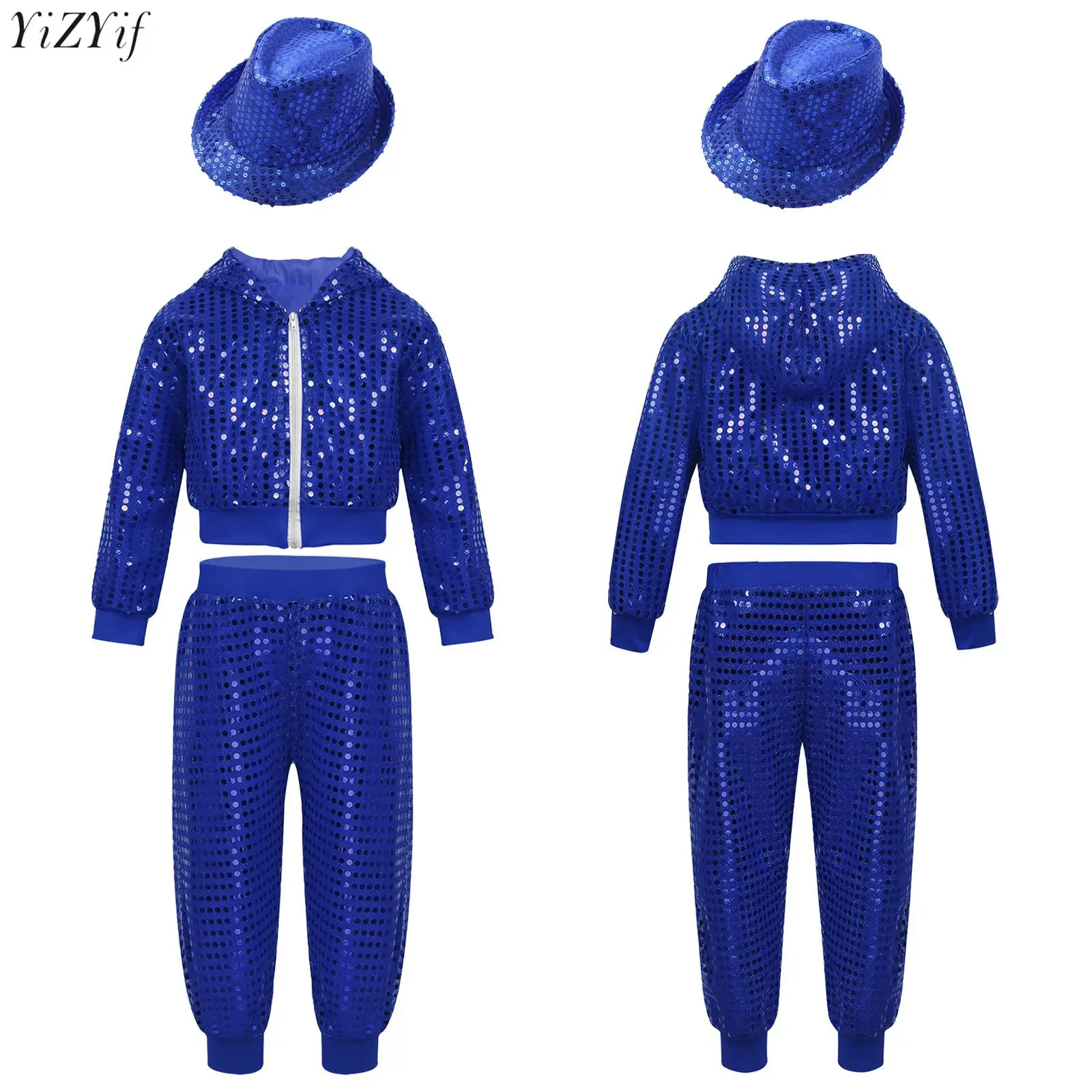 

Children Girls Hip-hop Jazz Dance Costume Outfit Shiny Sequins Long Sleeve Hooded Tops Jacket + Pants Street Dancing Clothing