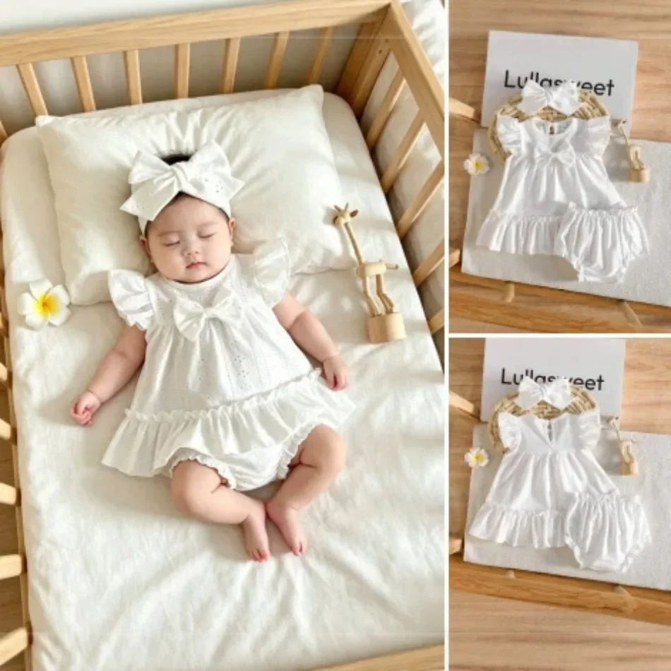 Baby Girl 3Pcs White Eyelet Romper Set Ruffle Fly Sleeve Bow Romper Bloomer Headband Baptism Princess Photoshoot Outfit ZYD47