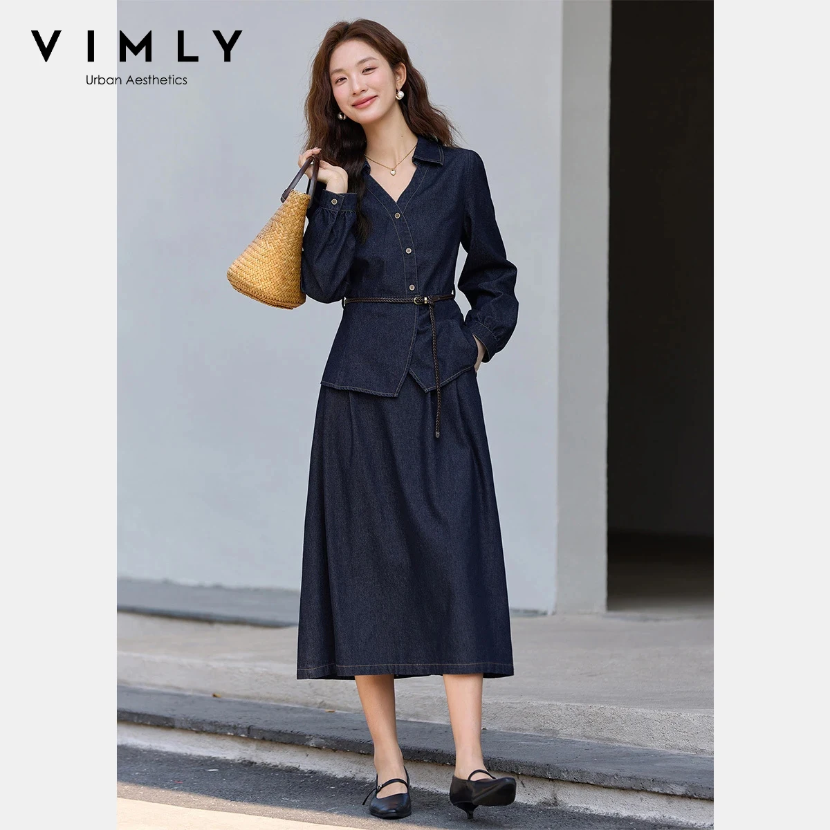 

VIMLY Women's Office Denim Set 2026 Spring New Fashion Adjustable Belt Waist V-Neck Shirt Minimalist Midi Skirt Two-Piece A3762