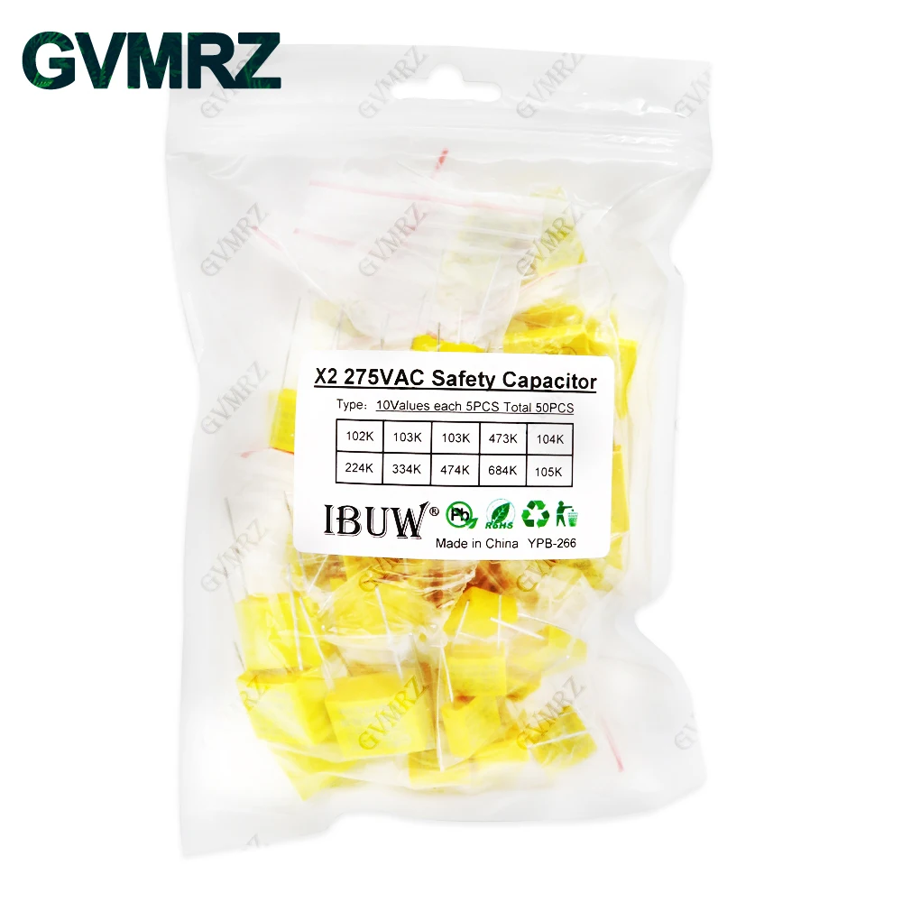 50pcs/Lot Polypropylene Film X2 Safety Capacitor Assorted Kit 275VAC 10Values Each 5pcs 1NF - 1UF