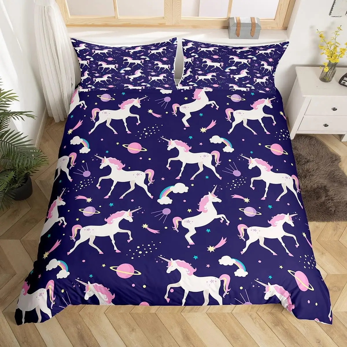 Cute Unicorn Duvet Cover Full Queen Starry Sky Planets Rainbow Bedding Set Cartoon Animal Dreamy Comforter Cover for Girls Boys