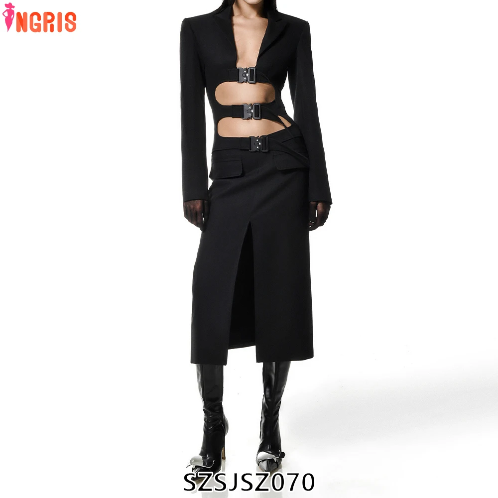 

Fashion Sexy Hot Girl Hollow Irregular Blazer Jacket Two Piece Sets Office Wear Women's Ladies Suits-SZSJSZ070