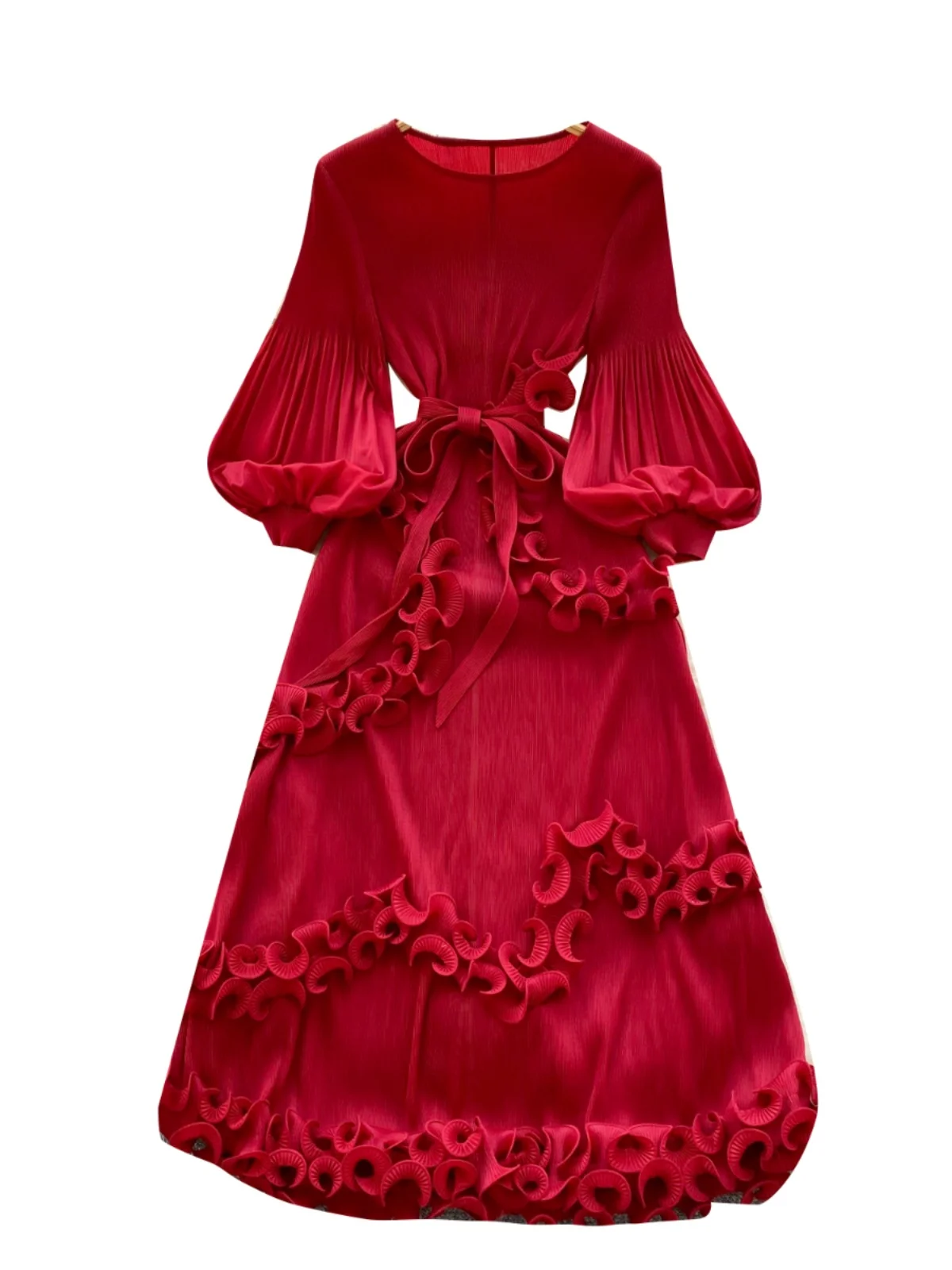 エレガントなプリーツコートスタイルランタンスリーブドレス レディース 春シーズン ハイウエストベルト付きロングドレス 韓国版Aラインスカート