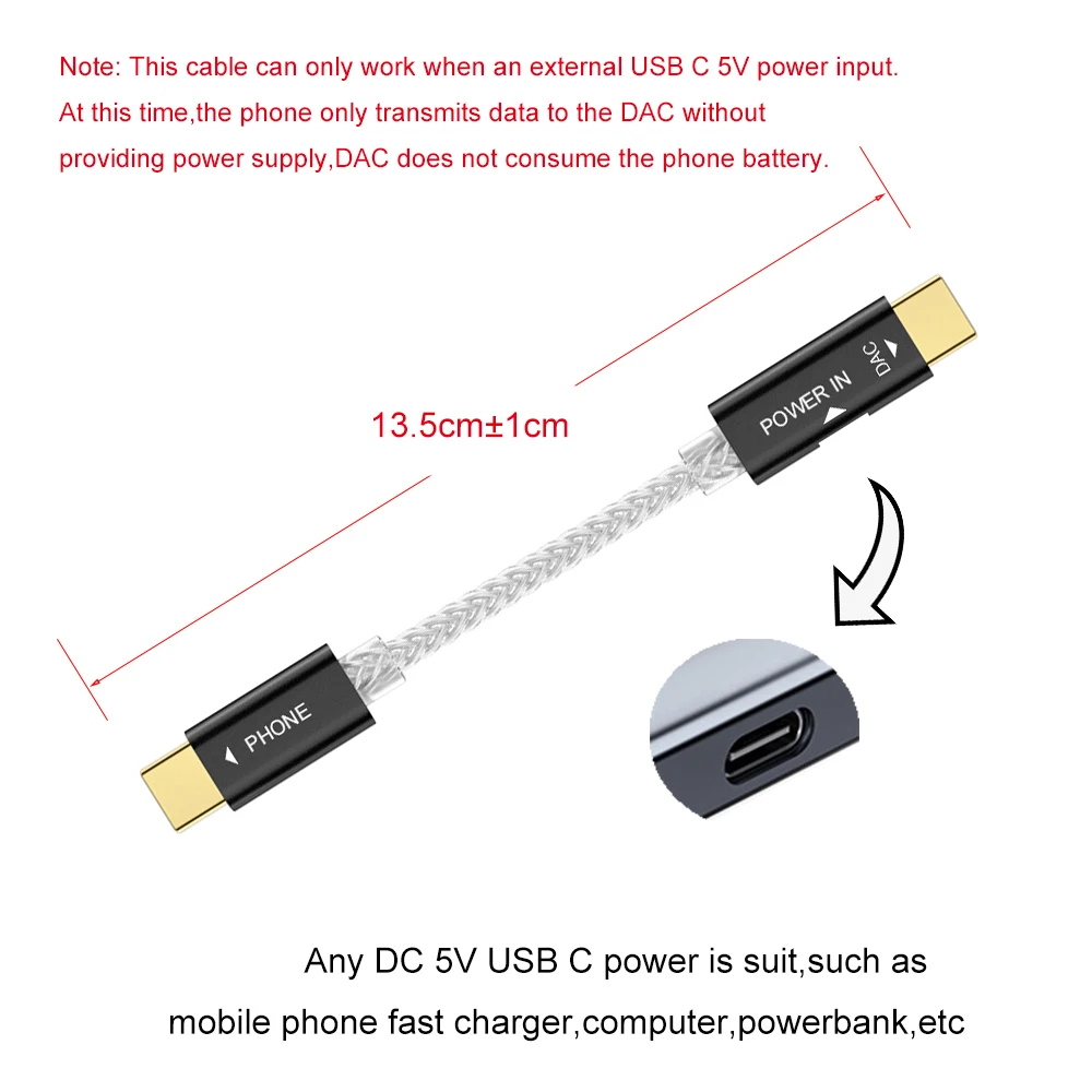 AkLIAM EC02 EC03 C to C and Lightning to C External Power Cable for Dac with DC 5V USB Input