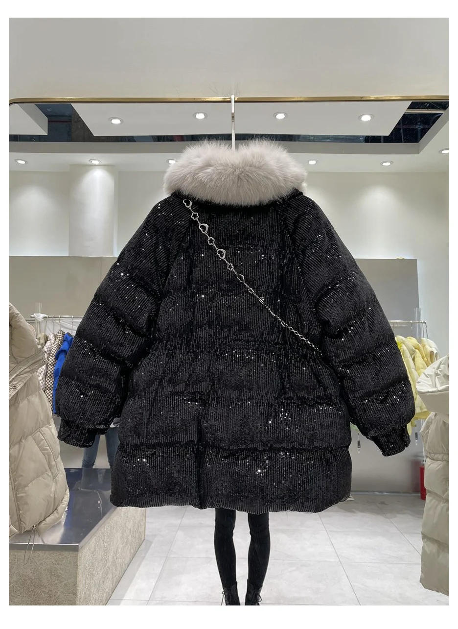 2025 vrouwen Winter 90% Witte Eend Donsjack Casual Dikker Puffer Jas Vrouwelijke Parka Pailletten Pailletten