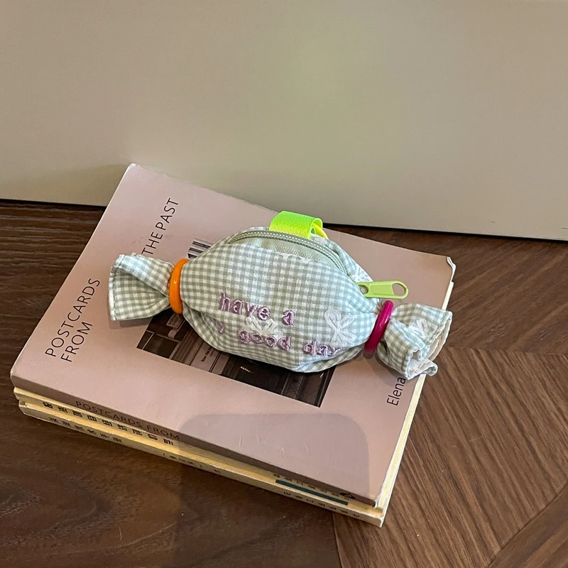 Kawaii Gingham Candy Shaped Coin Purse Embroidery Letter Storage Pouch Portable Keychain Earphone Lipstick Bag Cute Small Wallet
