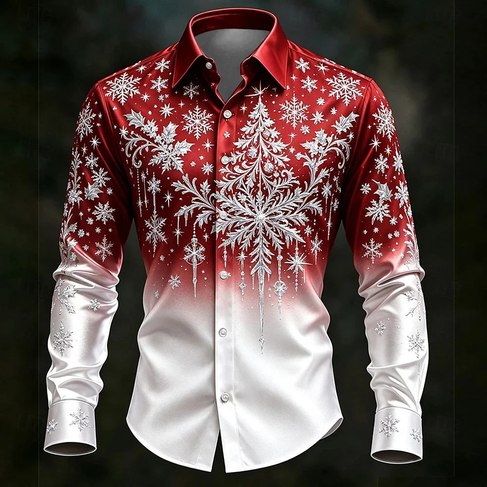 Men's Christmas Long Sleeved Shirt Gradient Satin Shirt 3D Christmas Tree Snowflake Pattern Lapel Casual Party Plus Size Shirt