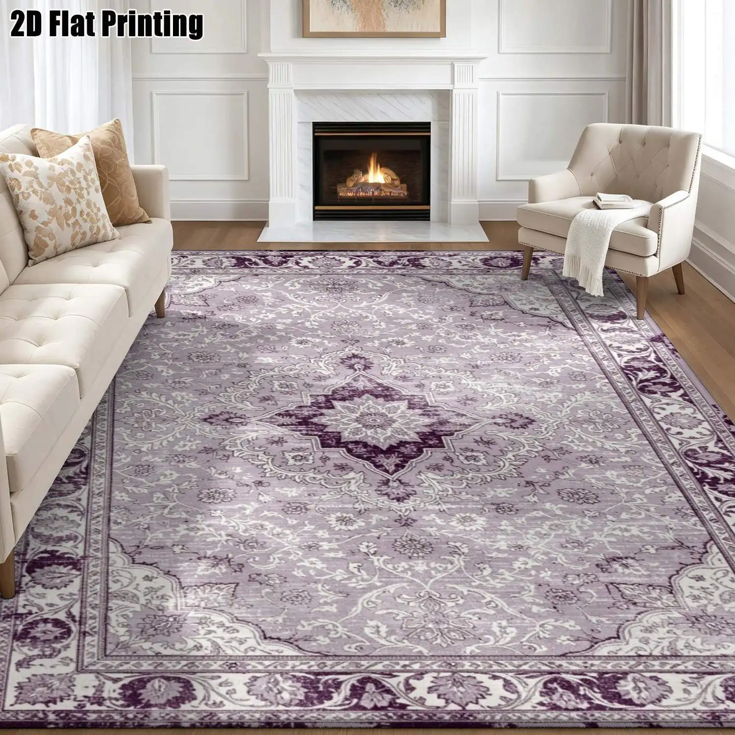 1Pc 2D Printed Carpet with Purple-White Retro Scroll Pattern European-Style Home Decor Rug, Multi-Size, Machine Washable, for Entryway, Dining Room, Foyer, Bedroom, Study, Living Room.