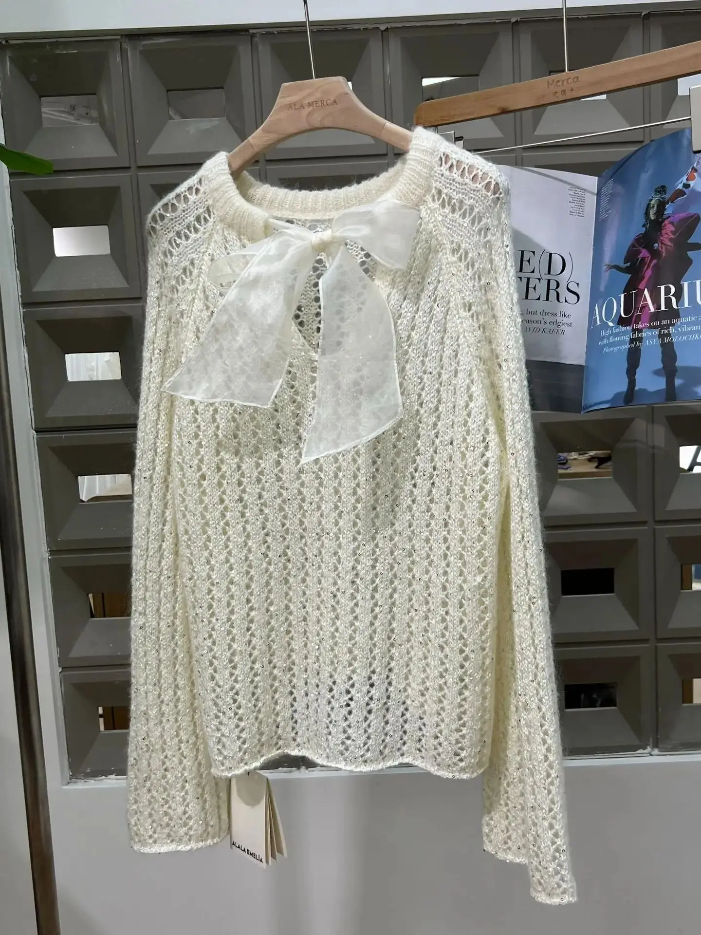 

Autumn Winter New Sweet Lazy Style Sequin See-through Knit Sweater Women Ribbon Bow Tie Dopamine Fashion Trending Pullover Top