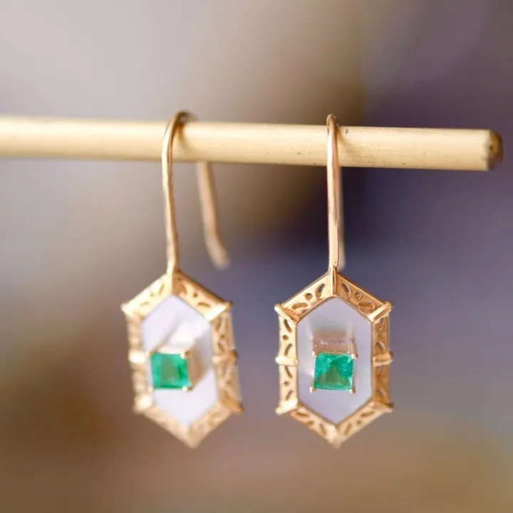 المتخصصة خمر 925 الفضة الطبيعية الأبيض قذيفة الزمرد هندسية الأذن السنانير 18K الذهب معبأ مسدس الأحجار الكريمة إسقاط أقراط مجوهرات #1