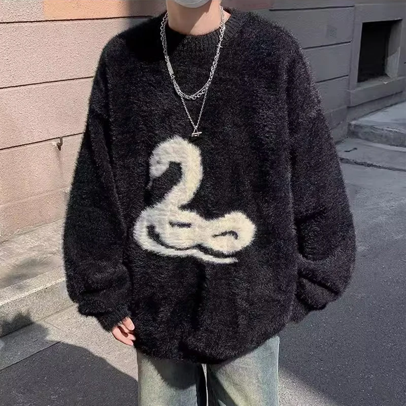 

Soft Pluy Bla Lazy Sle Men Women Autumn Winter American Retro Fur Knitted Loose Couple Tops Trendy Comfortable Fit