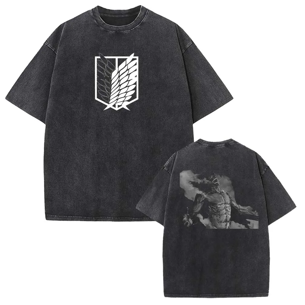 Shingeki No Kyojin Print T Shirt Anime Attack On Titan Clothing Men Women Vintage Washed Tshirts Cotton Tee Harajuku T-shirt
