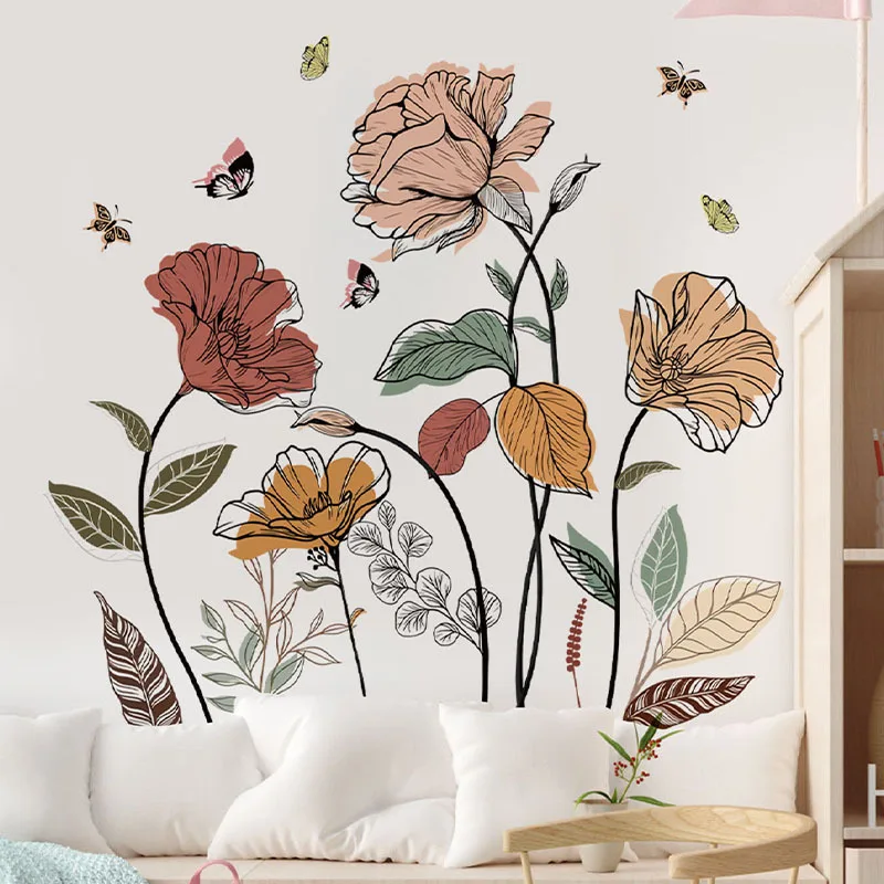 1 Set Bohemian Flower Wall Stickers, Wild Flowers, Grasses, Fruits and Leaves, Stick-on Wall Art Decals, For Living Room, Be view 6